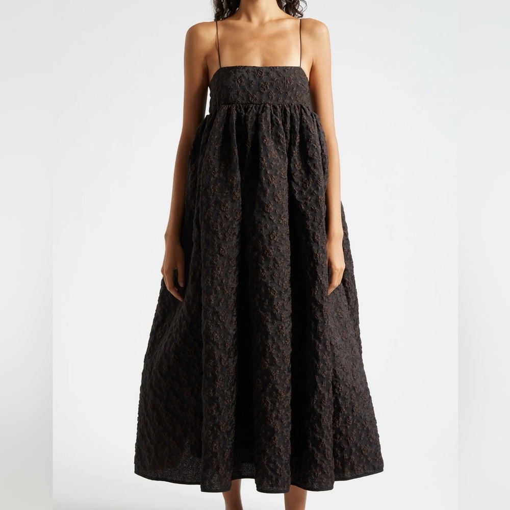NWT 🌹 Cecilie Bahnsen Mid-Length Beth Dress in Windrose Matelassé Brown